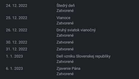 Elektro Malacky, otváracia doba 2022/2023