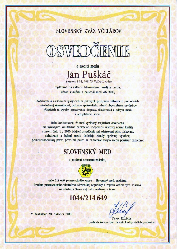 Osvedčenie o akosti medu Ján Puškáč