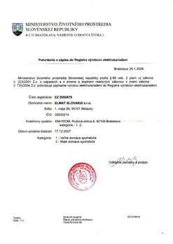 Potvrdenie o zápise do Registra výrobcov elektrických zariadení 